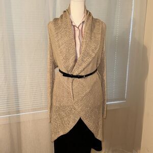 VENUE M Tan Cream Shimmery Shawl Wrap Open Front Rounded Hem Cardigan